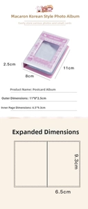 Detail view of purple gradient 3-inch photo album with dimensions and inner page layout