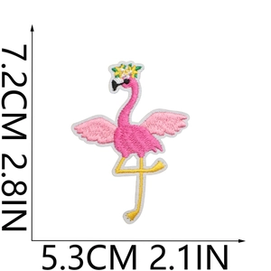 Detail of pink flamingo embroidery patch with floral crown showing dimensions 7.2x5.3cm