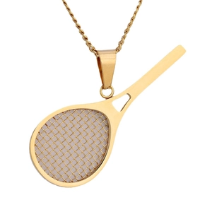 Polished gold stainless steel tennis racket pendant necklace with a detailed twist chain