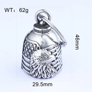 Detail view of vintage eagle head bell pendant with US flag relief showing 46x29mm size