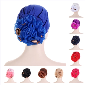 Women Muslim Turban Hat With Large Chiffon Flower Rhinestone Decor Elastic Beanie Chemo Cap Headwear