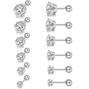 Set of 6 pairs of silver stainless steel stud earrings with cubic zirconia in various sizes