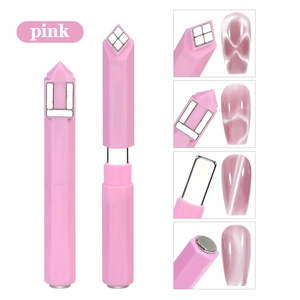 Pink multi-functional nail magnet tool showing different cat-eye patterns on tips
