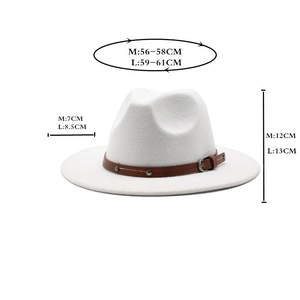 Detailed size chart for the white wool fedora hat with a brown faux leather belt strap