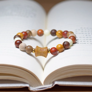 Macro shot of Buddhist wooden prayer beads with engraved cylinder bead on an open book