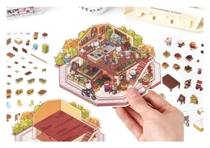 Detail showing 3D animal coffee shop stickers and scrapbooking decorative elements