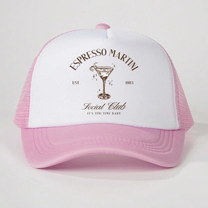 Pink and white Espresso Martini Social Club mesh trucker hat with adjustable snapback