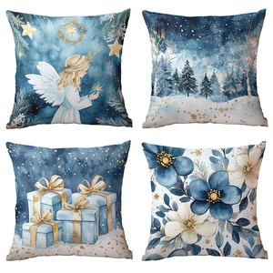 Set of four blue and white Christmas pillow covers with angel and pine tree watercolor art