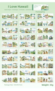 Flat lay of 30 different watercolor landscape stickers with palm trees and beach scenery