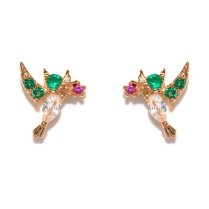 Detailed macro view of hummingbird stud earrings with green and pink micro-inlaid zircons