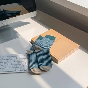 Striped Crew Socks Women Cotton Blend Retro Color Blocked Breathable Japanese Style Mid Calf Casual Socks