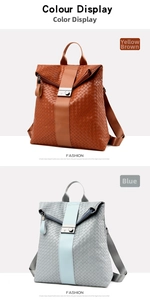 Detail of woven faux leather backpacks in tan and light grey with metal buckle closure