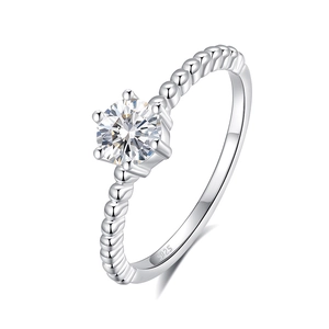 Elegant S925 sterling silver ring with 5mm six-prong moissanite and beaded band design
