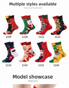 Detailed grid of eight Christmas crew socks with festive patterns and model numbers