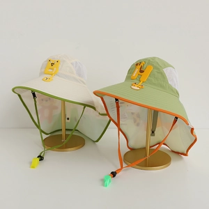 Detail of kids sun hat featuring breathable mesh panels and protective neck flap cover