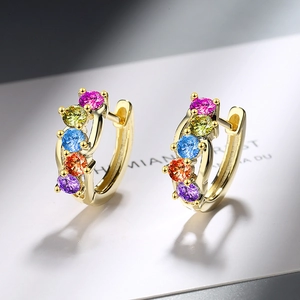Elegant gold round hoop earrings featuring multi-color round cut zircon gemstones
