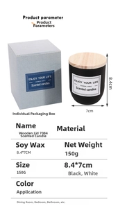 Macro view of 150g soy wax candle in black glass jar with wooden lid and gift box