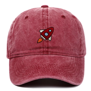 Vintage washed burgundy baseball cap featuring a detailed cartoon rocket embroidery