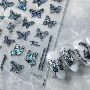 3D laser butterfly nail stickers M-051 with holographic blue-purple effect and text