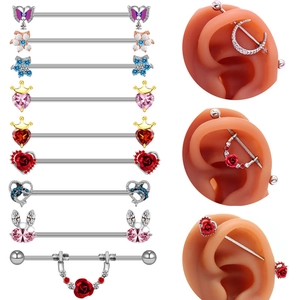Orecchini Industrial Barbell in Acciaio Inossidabile per Donna Uomo Punk Cuore Rosa Farfalla Strass Gioielli Piercing