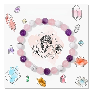 Detailed view of anxiety relief bracelet with amethyst and rose quartz natural stone beads