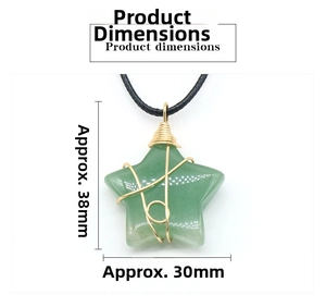 Detail showing natural green stone star pendant with gold wire wrap and 30mm dimensions