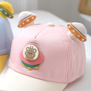 Pink and beige color-block baby baseball cap with spaceship bear silicone patch