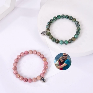 Custom heart photo projection bracelets with pink and green zebra stone beads
