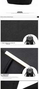 Detail of cross-grain PU leather backpack with silver metal buckle and side zipper
