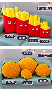 Size comparison of hamburger and french fries plush pillows from 30cm to 60cm heights