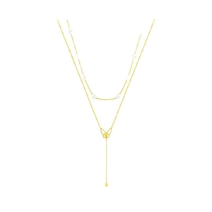 Elegant double-layered gold necklace featuring a hollow butterfly pendant and white pearls