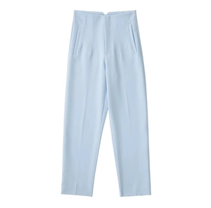 Detail view of high waist light blue straight leg trousers with elegant tailored texture