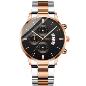 Detail of Geneva quartz watch featuring a rose gold and silver band with black chronograph dial