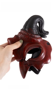 Detail shot showing the soft, flexible latex material of this red demon half-mask