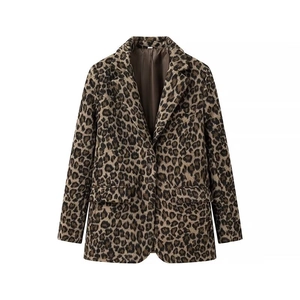 Vintage leopard print single-breasted blazer for women with classic flap pockets