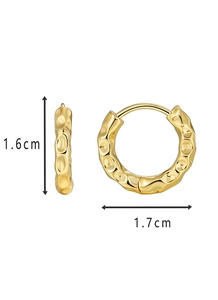 Detailed view of 1.6x1.7cm irregular hammered texture gold earrings on white background