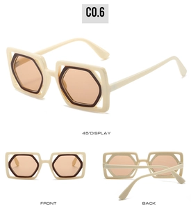 Three-angle view of square sunglasses with cream outer frame and brown inner hexagons