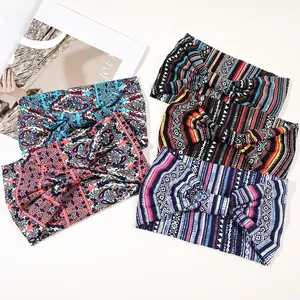 Close-up of Bohemian stretch headbands with diverse paisley and tribal patterns