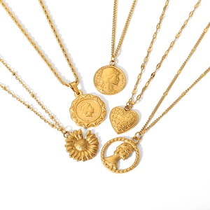 Retro 18K gold plated stainless steel coin portrait and hollow heart pendant necklaces
