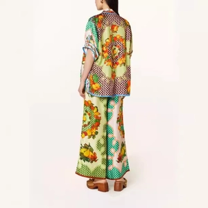 Women's 2-piece summer satin set with colorful fruit print, short sleeves and wide-leg pants