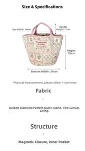 Dimensions du sac seau matelassé à fleurs avec largeur de 38 cm et fermeture aimantée