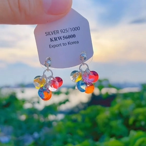 Detail of colorful sequin tassel earrings with S925 silver needles held against a blue sky