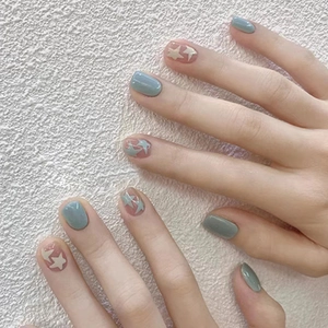 Star Pattern Press On Nails Plastic Blue Pink Cute Short Style Sweet False Nails With Glue