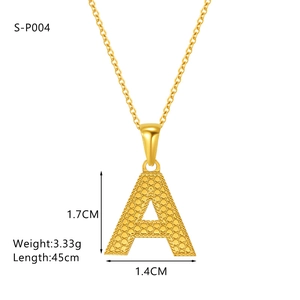Detailed view of golden letter A pendant with textured surface and size dimensions