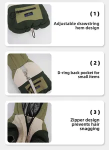 Detail view showing adjustable drawstring, D-ring traction buckle, and zipper protection design