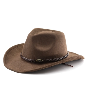 Chapeau de cowboy en daim marron foncé avec bande tressée et boucle en bronze vintage