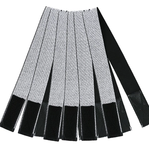 Detailed view of silver and black reflective elastic wig bands with velcro fasteners