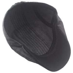 Detailed interior of dark grey flat cap with moisture-wicking sweatband and stitching