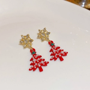 Elegant Christmas tree drop earrings with red pendants, white pearls and sparkling crystals