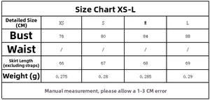 Detailed size chart for sleeveless mini dress including measurements for XS to L sizes
